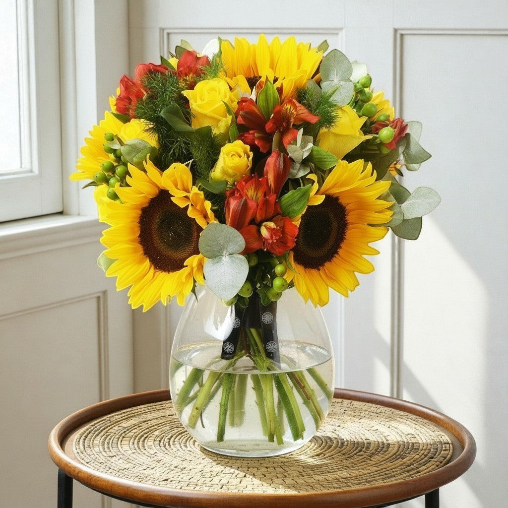 Flower Station Sunflowers & Roses arrangement with yellow sunflowers, yellow roses, red alstroemeria, green hypericum berries, and eucalyptus in a glass vase.
