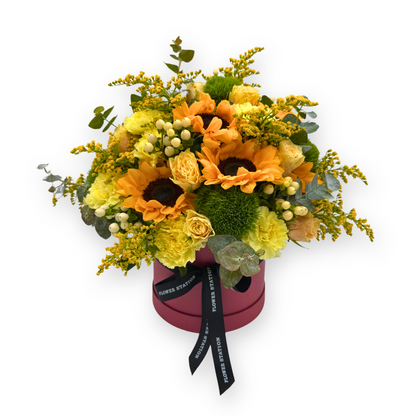 Sunflowers in a Pink Hat Box