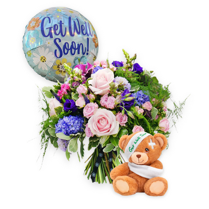 Get Well Soon Flower Bouquet, Bear and Balloon Gift Set