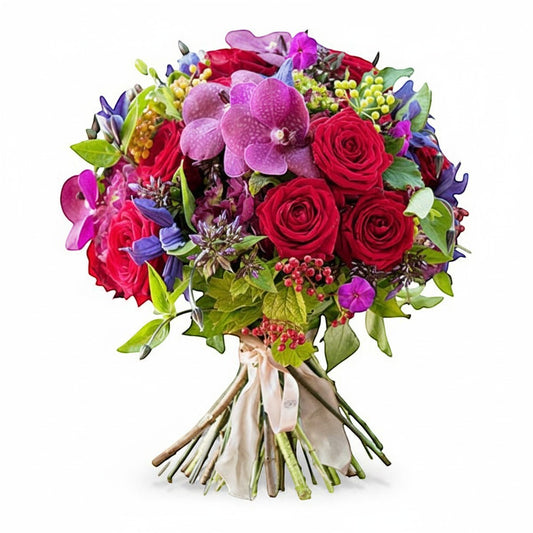 Flower Station Avenue Q bouquet with red Ecuadorian roses, purple vanda orchids, phlox, and dahlias tied with ribbon.