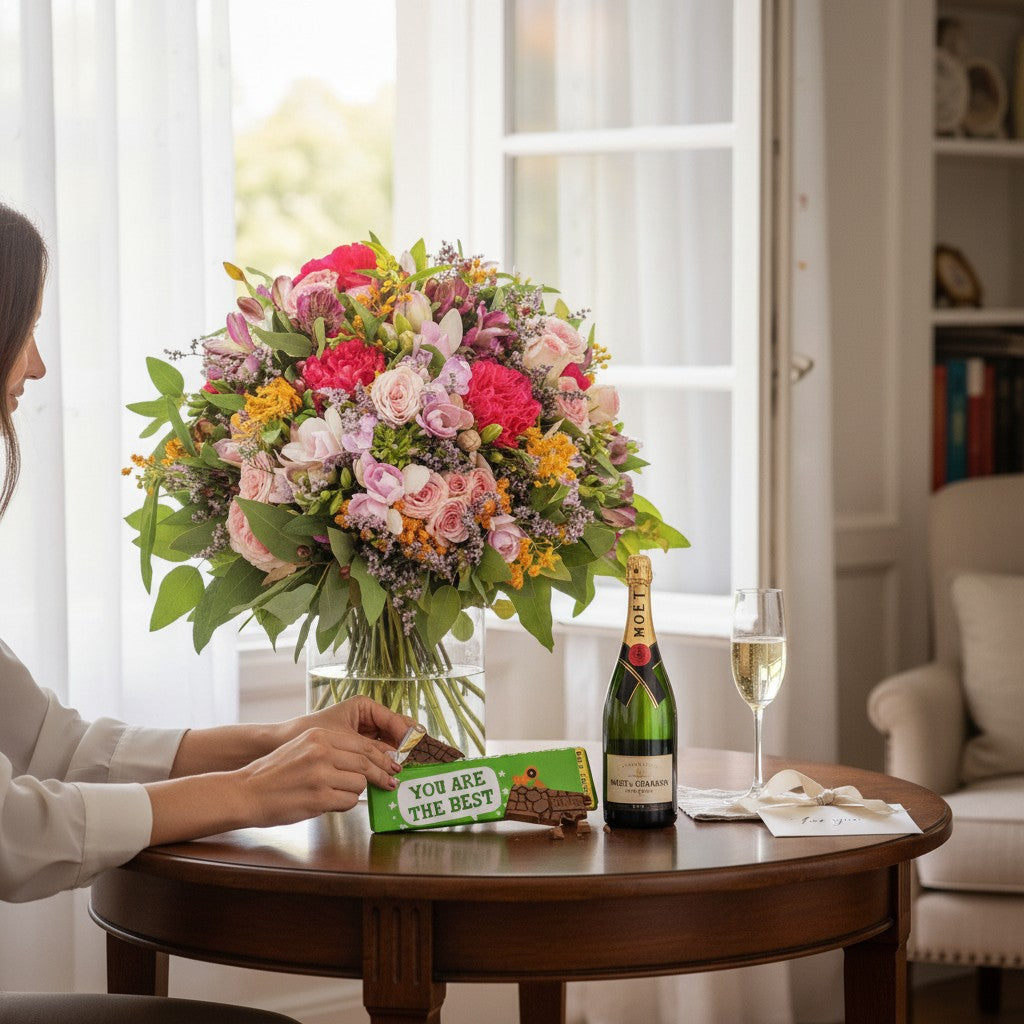 Flower Station joyful bouquet with pink dianthus, alstroemeria, spray roses, Moët & Chandon champagne, and Tony's Chocolonely dark chocolate.