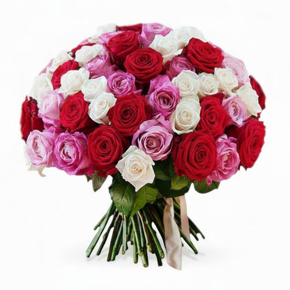 Flower Station Fifth Avenue bouquet of red, pink, and white Ecuadorian roses with a satin ribbon.