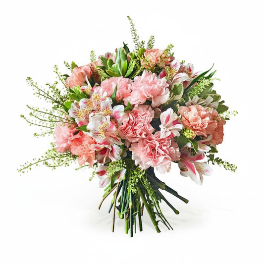Flower Station bouquet featuring pink carnations, alstroemeria, and seasonal green foliage on a white background.