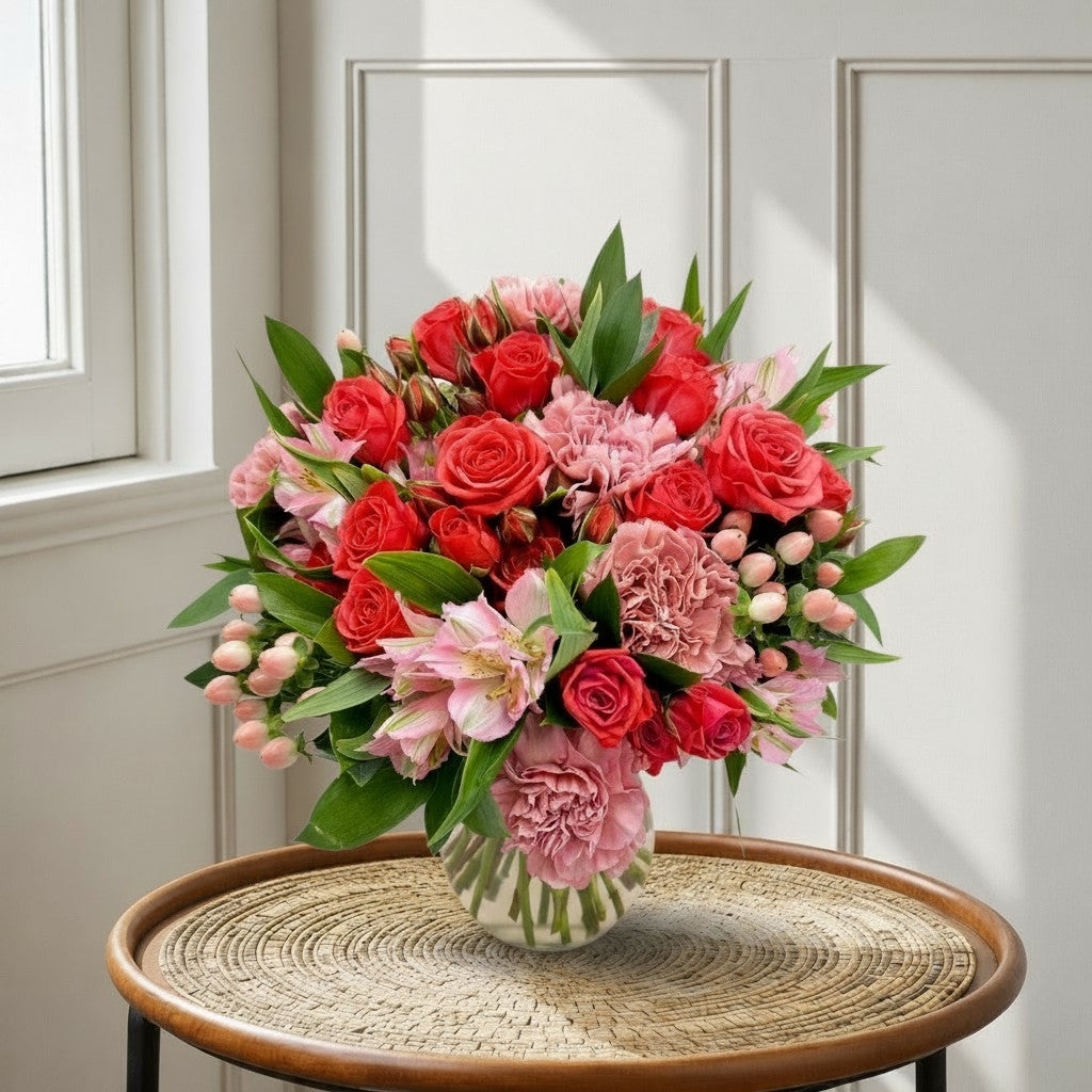 Flower Station Believe in Yourself bouquet with red roses, pink carnations, and blush blooms in a glass vase.
