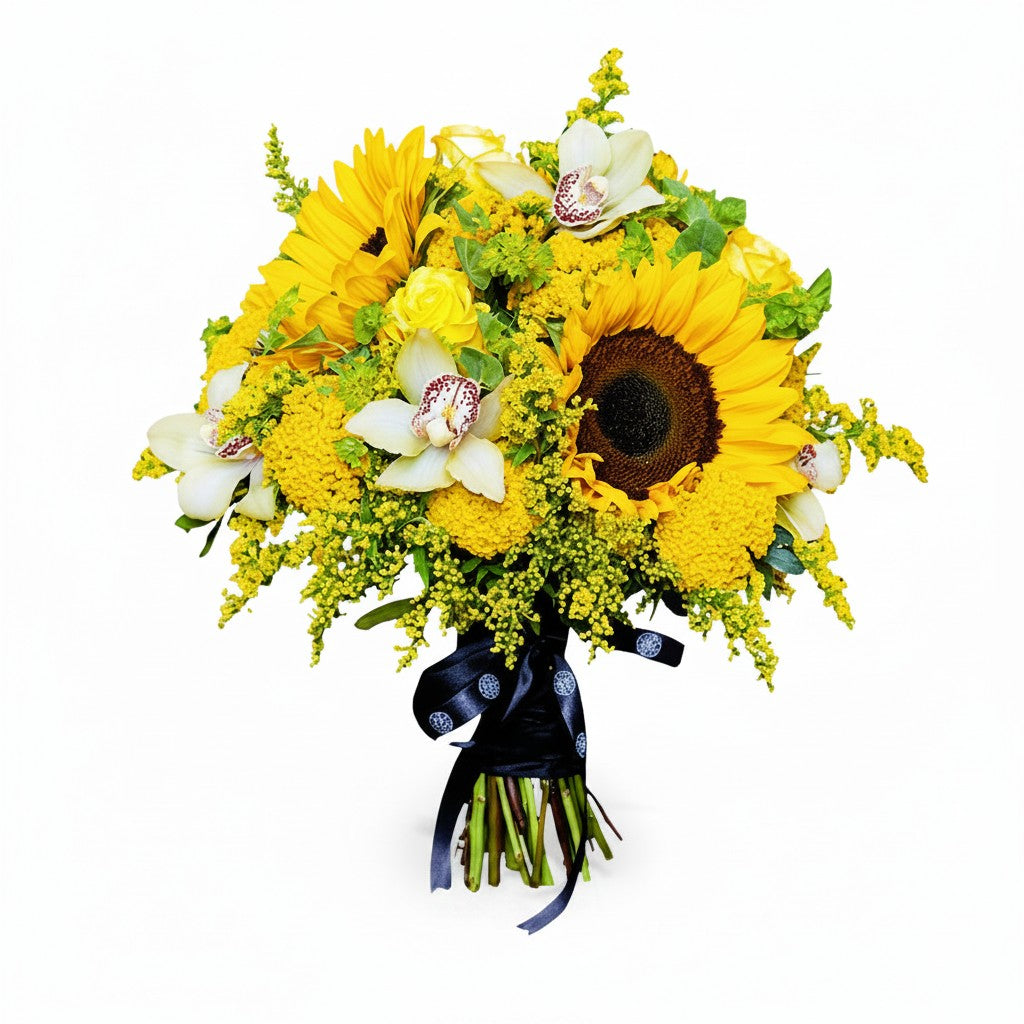 Flower Station Iberian Beauty bouquet featuring large yellow sunflowers, pink Phalaenopsis orchids, and yellow solidago.