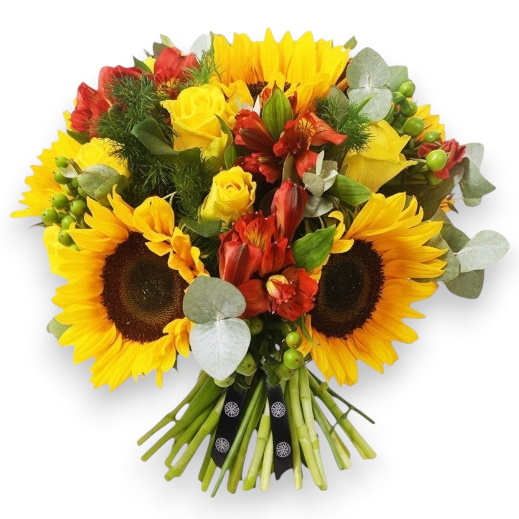 Flower Station Sunflowers & Roses bouquet with yellow sunflowers, yellow roses, red alstroemeria, green hypericum berries, and eucalyptus.
