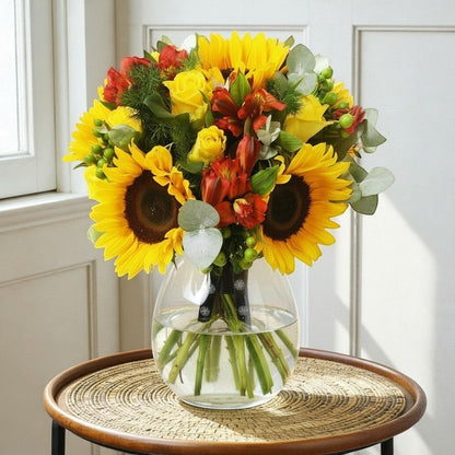 Flower Station Sunflowers & Roses arrangement with yellow sunflowers, yellow roses, red alstroemeria, green hypericum berries, and eucalyptus in a glass vase.